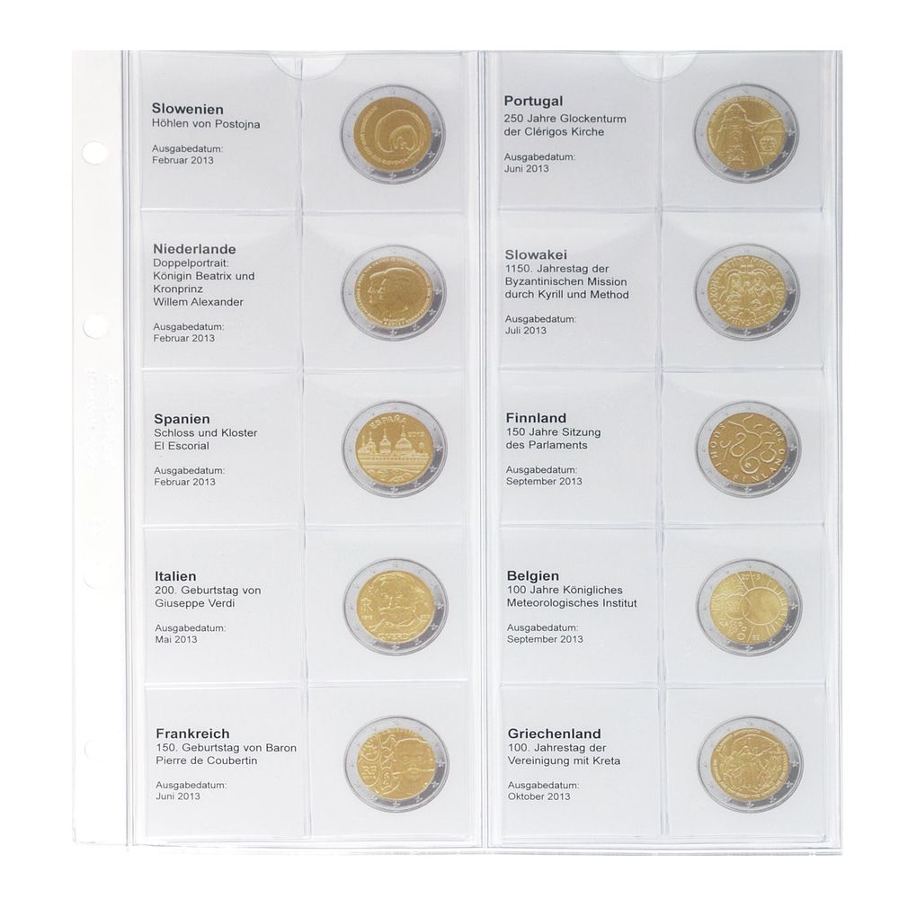 Feuille numismatique pré-imprimée karat 2 Euro commémoratives chronologique: Slovénie 2013 à Grèce 2013