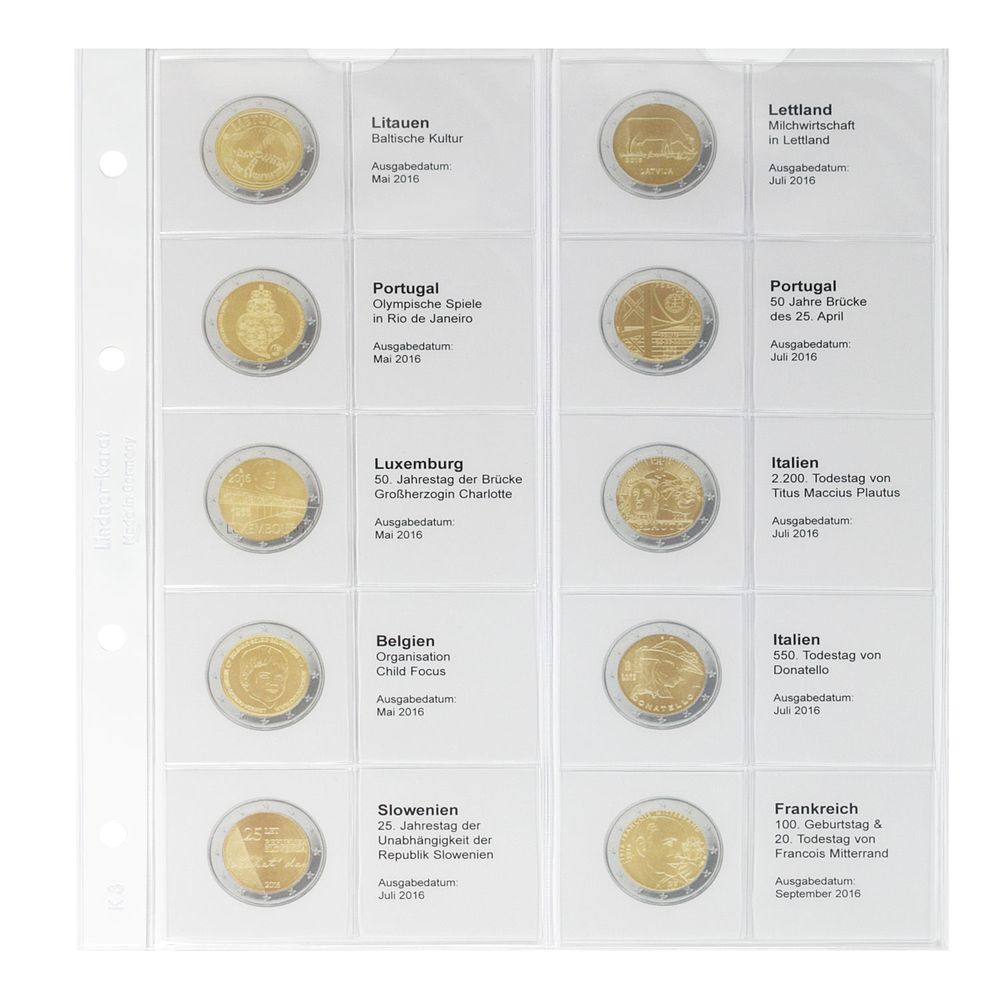 Feuille numismatique pré-imprimée karat pour 2 EURO commémoratives - chronologique : Lituanie-Mai 2016 à France-Septembre 2016