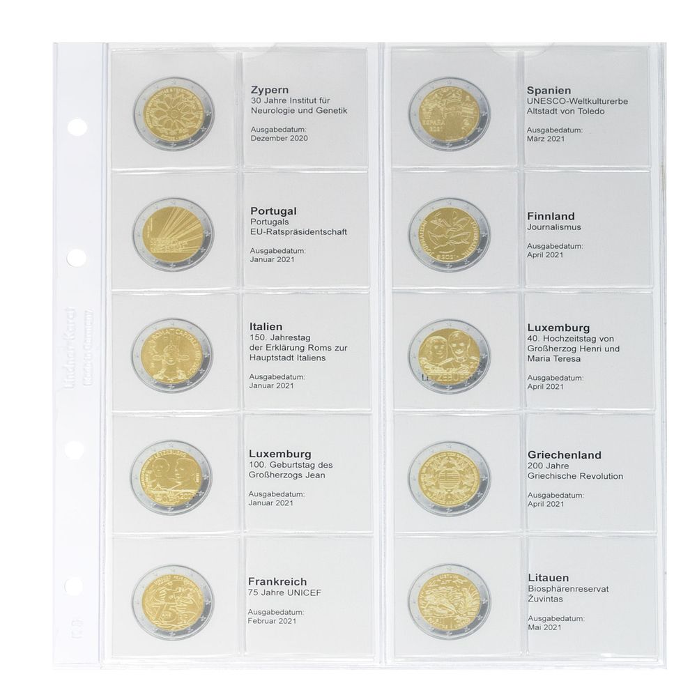 Feuille numismatique pré-imprimée karat pour 2 EURO commémoratives - chronologique : Chypre 2020 à Lituanie 2021