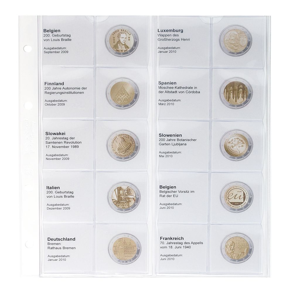 Feuille numismatique pré-imprimée karat 2 Euro commémoratives chronologique: Belgique 2009 - France 2010