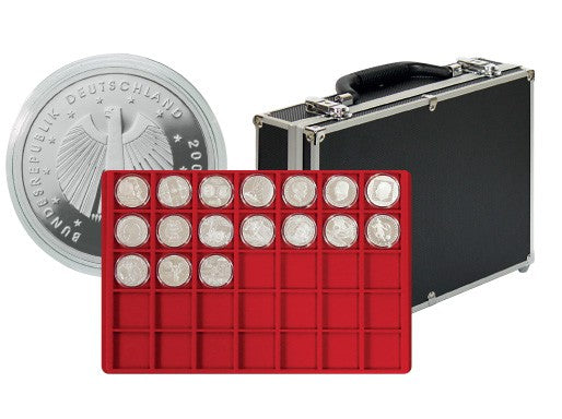 Grande valise numismatique de collection avec 8 plateaux rouges pour 280 monnaies ou capsules jusqu'à 39 mm Ø