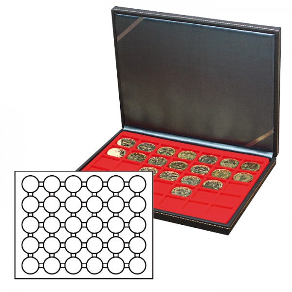 Coffret numismatique NERA M avec plateau rouge vif à 30 alvéoles ronds pour capsules Ø ext. 39,5 mm, par ex. pour monnaies 35 Euro-/20 Euro/10 Euro-argent Allemagne sous capsules LINDNER