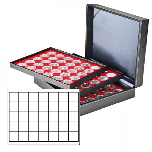 Coffret numismatique NERA XL avec 3 plateaux rouge vif pour 105 monnaies/capsules jusqu'à Ø 36 mm
