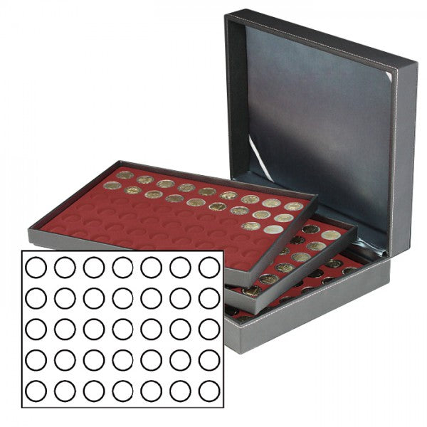 Coffret numismatique XL avec 3 plateaux rouge foncé pour 105 monnaies Ø 32,5 mm, par ex. pour 35 Euro-/20 Euro-/10 Euro- argent Allemagne