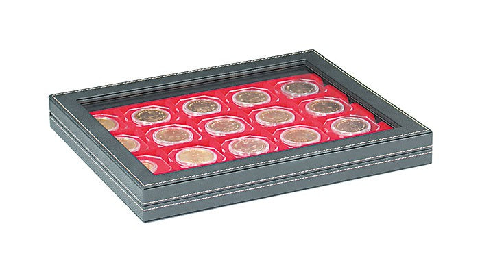 Coffret numismatique NERA M PLUS avec plateau rouge vif pour étuis numismatiques 50x50 mm/capsules CARRÉE/capsules OCTO