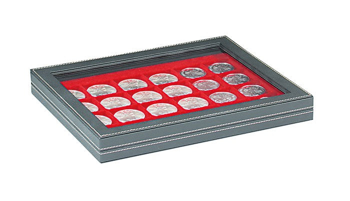 Coffret numismatique NERA M PLUS avec plateau rouge vif à 24 alvéoles carrés pour monnaies/capsules jusqu'à Ø 42 mm