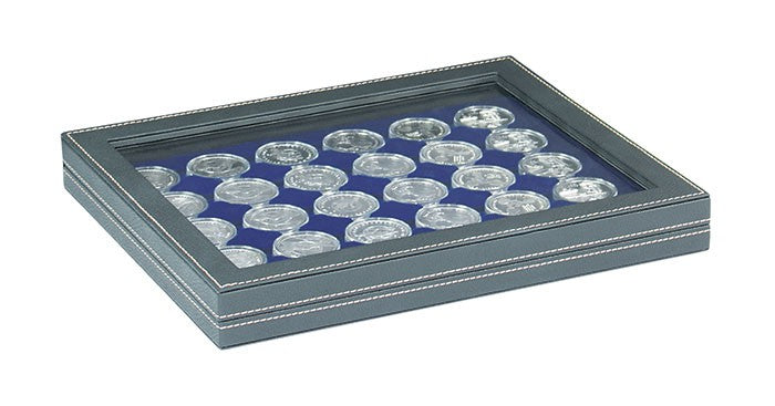 Coffret numismatique NERA M PLUS avec plateau bleu foncé à 30 alvéoles ronds pour capsules Ø ext. 39,5 mm, par ex. pour monnaies 35 Euro-/20 Euro/10 Euro-argent Allemagne sous capsules LINDNER