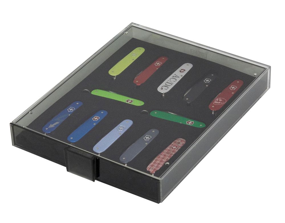 LINDNER Box de collection/présensation pour 12 couteaux de poche suisse modèle VICTORINOX* "Cadet", longueur 84 mm (couteau fermé)