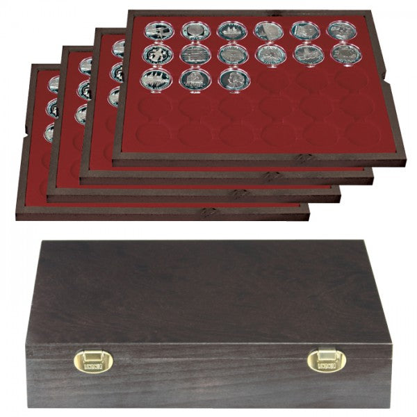 Coffret en bois massif CARUS avec 4 plateaux pour 120 capsules de Ø ext. 39 mm, par ex. pour 20 Euro-/10 Euro argent Allemagne sous capsules LINDNER