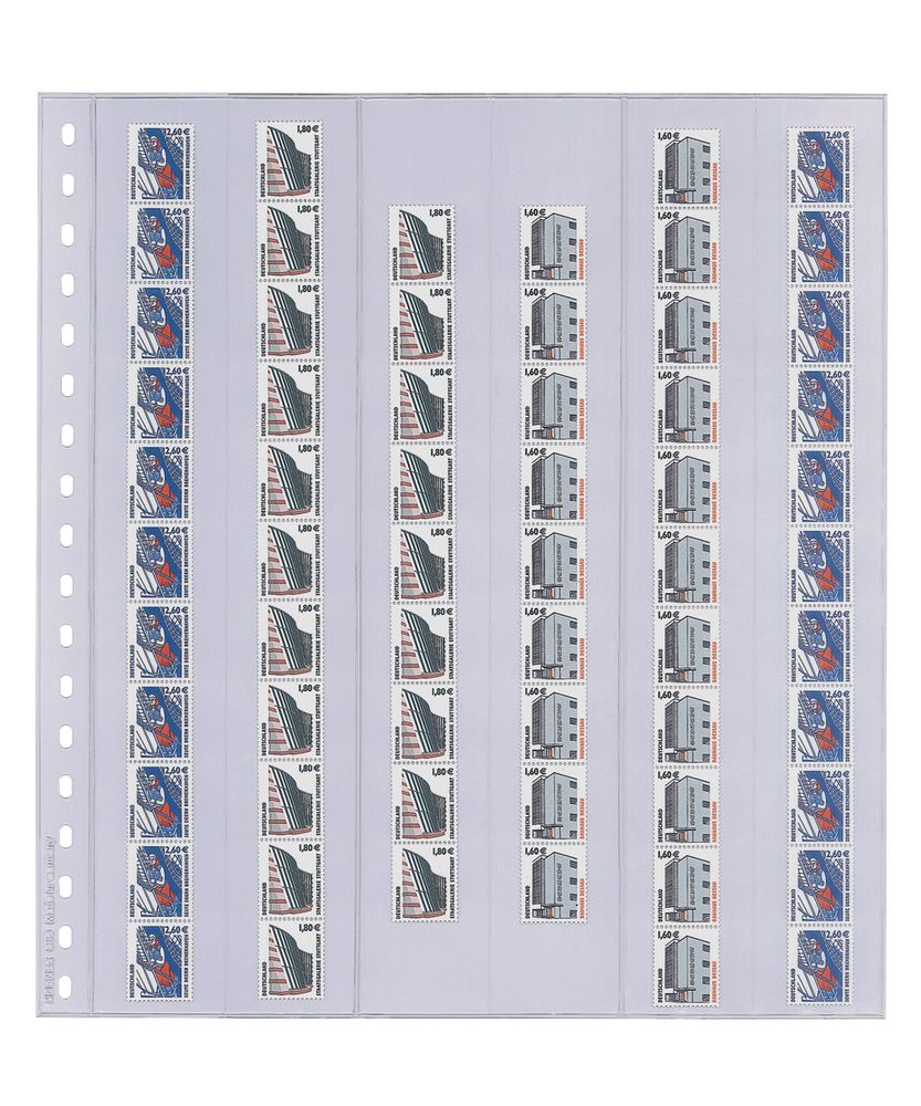 Feuille transparente à 6 bandes verticales (36 x 296 mm) pour timbres roulettes, avec intercalaire en carton noir