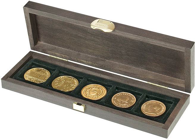 Coffret bois massif CARUS S à 5 alvéoles carrés pour monnaies ou capsules jusqu'à Ø ext. 40 mm