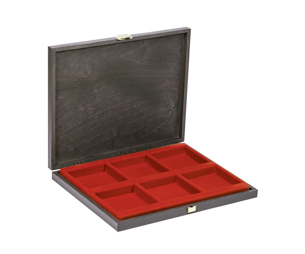 Coffret de collection en bois massif CARUS-1 avec plateau rouge vif à 6 alvéoles carrés 85 x 85 mm