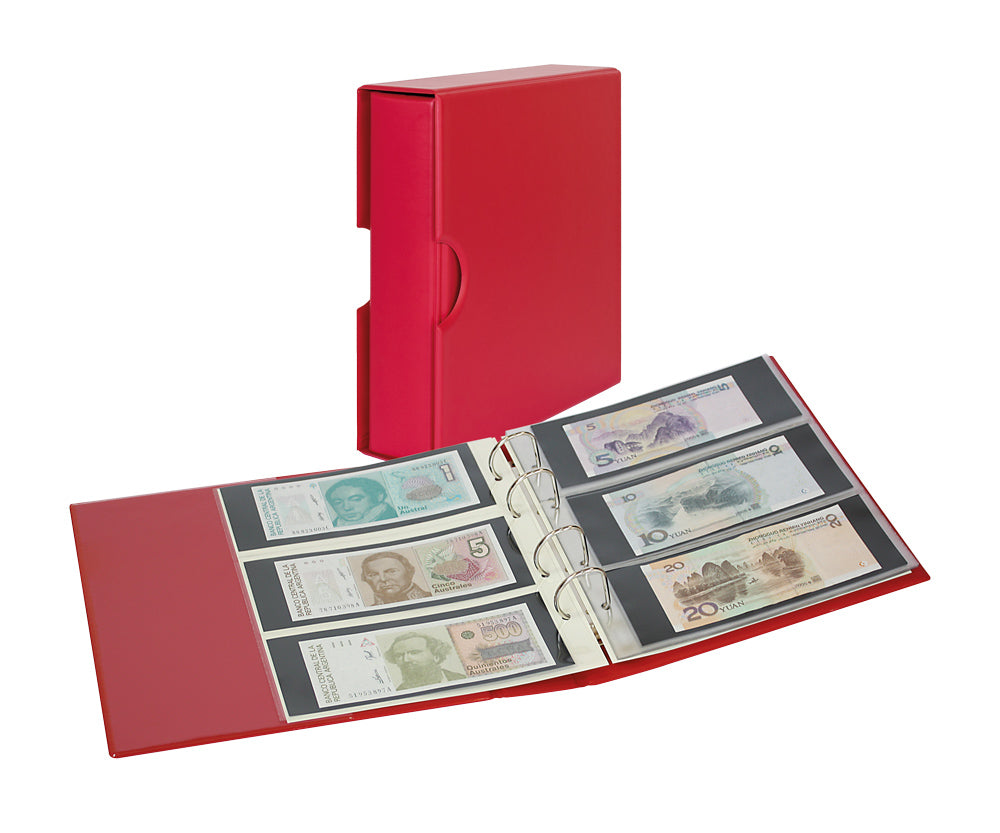 Album PUBLICA M COLOR pour billets de banque avec 10 feuilles en 2 versions, utilisables recto-verso - Berry (rouge) - avec boîtier de protection assorti