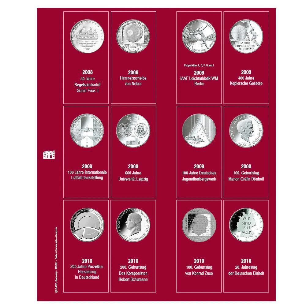 Feuilles de collection Premium pour pièces commémoratives allemandes de 10 euros 2008 - 2010