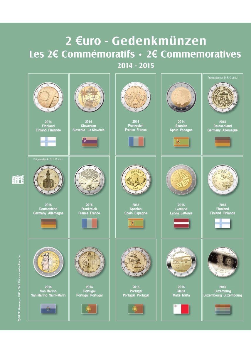 Feuille de pièces premium 2 euros des années 2014-2015 Feuille 13