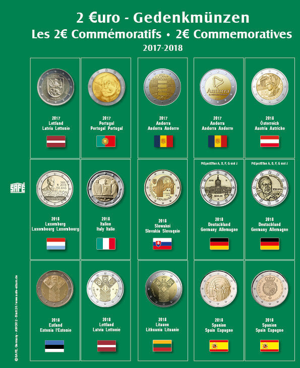 Feuille de pièces premium 2 euros des années 2017-2018 Feuille 20