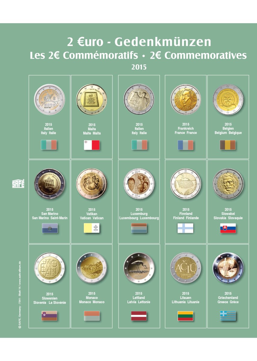 Feuille de pièces premium 2 euros de l'année 2015 feuille 14
