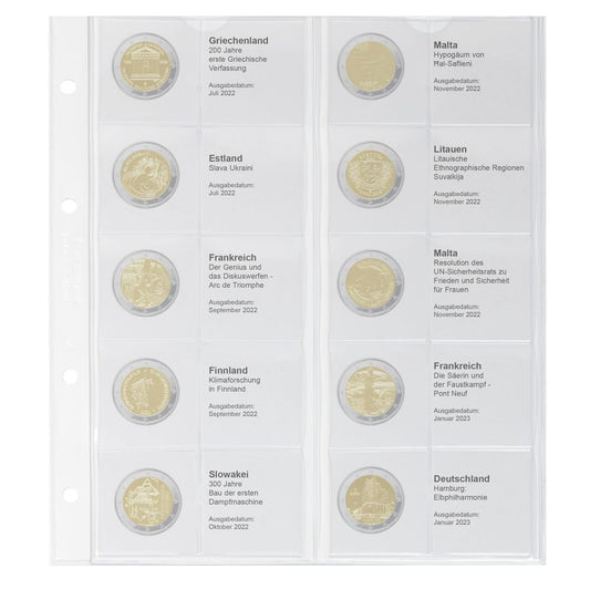 Feuille numismatique pré-imprimée karat pour 2 EURO commémoratives - chronologique : Grèce 2022 - Allemagne 2023