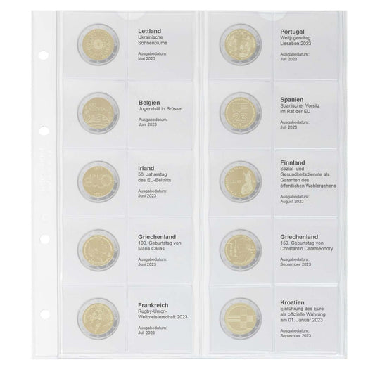 Feuille numismatique pré-imprimée karat pour 2 EURO commémoratives - chronologique : Lettonie 2023 - Croatie 2023