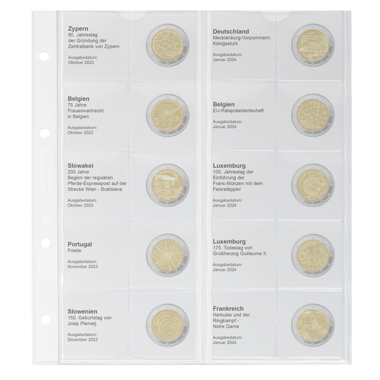 Feuille numismatique pré-imprimée karat pour 2 EURO commémoratives - chronologique : Chypre 2023 - France 2024