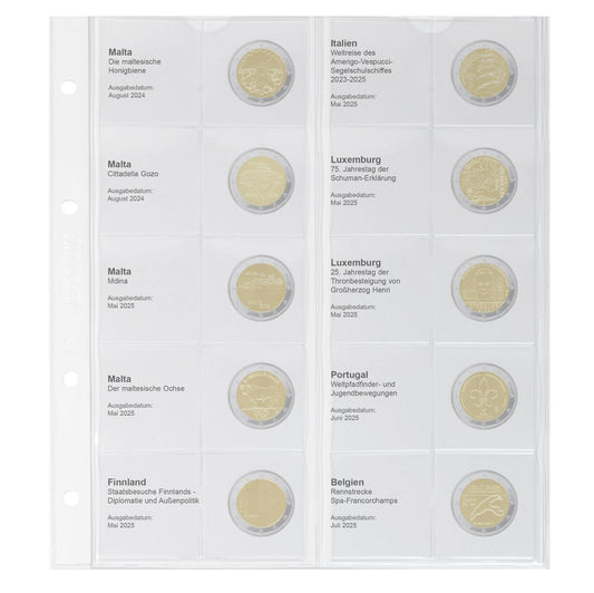 Feuille numismatique pré-imprimée karat pour 2 EURO commémoratives - chronologique : Malte 2024 - Belgique 2025
