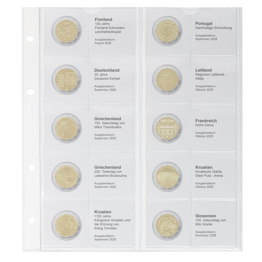 Feuille numismatique pré-imprimée karat pour 2 EURO commémoratives - chronologique : Finlande 2025 – Slovénie 2025 – Slovénie 2025