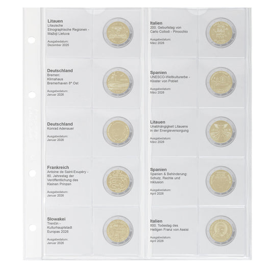 Feuille numismatique pré-imprimée karat pour 2 EURO commémoratives - chronologique : Lituanie 2025 - Italie 2026