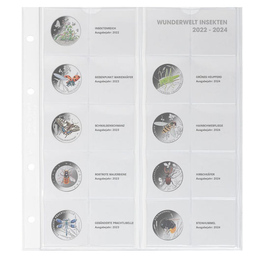 Feuille numismatique pré-imprimée karat pour collection monnaies 5 Euro Allemagne "Wunderwelt Insekten" 2022-2024