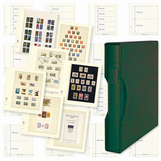 Album complet: Ensemble Reliure et boîtier vert (1124-G) avec 2 paquets de feuilles neutres LINDNER-T (paquets de 10) ou LINDNER-dT (paquets de 5) au choix