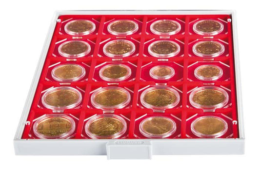 Box monnaies STANDARD à 20 alvéoles carrés pour étuis numismatiques 50x50 mm/capsules CARRÉE/OCTO
