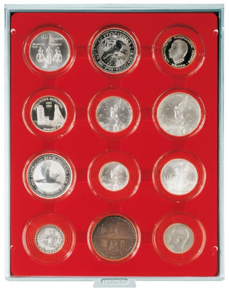 Box monnaies STANDARD à 12 alvéoles ronds pour capsules Ø ext. 58 mm et pour grandes capsules LINDNER avec cercles de maintien