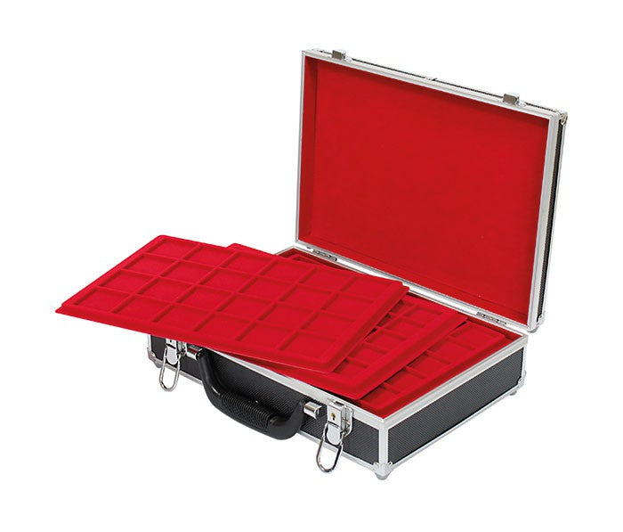 Grande valise numismatique de collection avec 8 plateaux en 5 variantes différentes, pour 355 monnaies