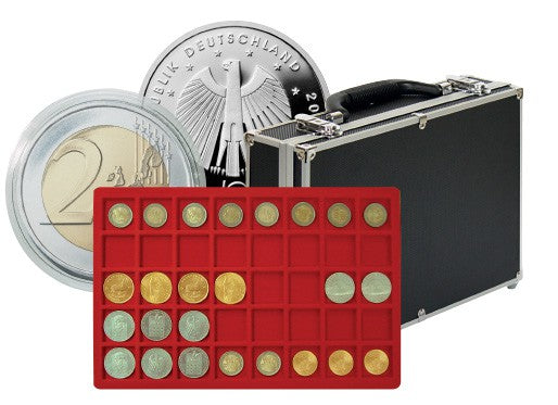Grande valise numismatique de collection avec 8 plateaux pour 320 monnaies ou capsules jusqu'à 34 mm Ø