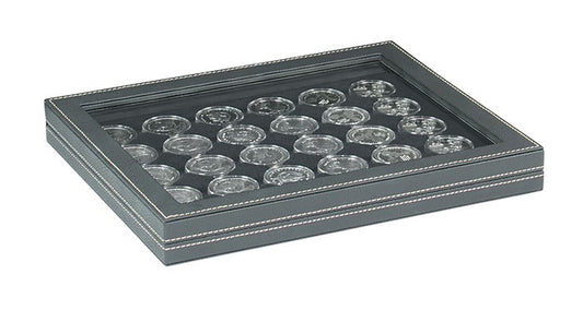 Coffret numismatique NERA M PLUS avec plateau noir à 30 alvéoles ronds pour capsules Ø ext. 37,5 mm, par ex. pour monnaies 35 Euro-/20 Euro-/10 Euro- argent France sous capsules LINDNER