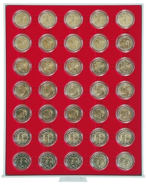 Box monnaies STANDARD à 35 alvéoles ronds pour capsules Ø ext. 32 mm, par ex. pour 2 Euro sous capsules LINDNER