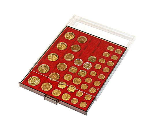 Box monnaies FUMÉ à 45 alvéoles carrés pour monnaies/capsules jusqu'à Ø 24, 28, 39 et 44 mm