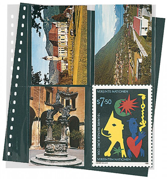 Feuille transparente à 4 poches pour cartes postales ou documents format 114 x 146 mm, avec intercalaire noire