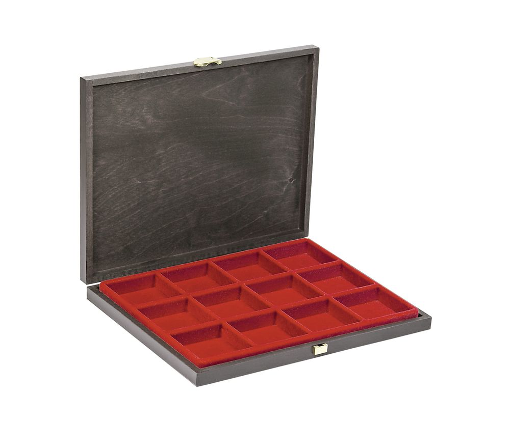 Coffret de collection en bois massif CARUS-1 avec plateau rouge vif à 12 alvéoles carrés 66 x 66 mm