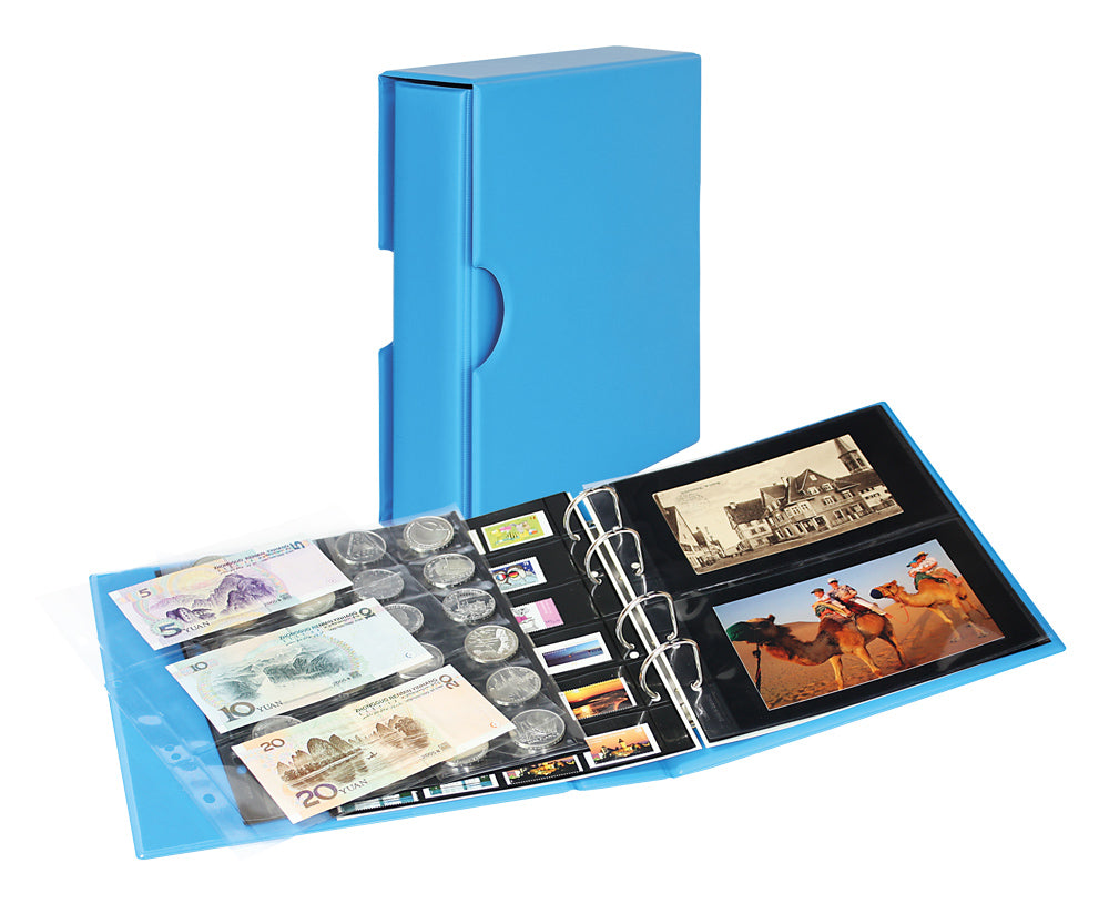 Album PUBLICA M COLOR pour cartes postales/photos, avec 10 feuilles plastiques à 2 poches utilisables recto-verso - Nautic (bleu) - avec boîtier de protection assorti
