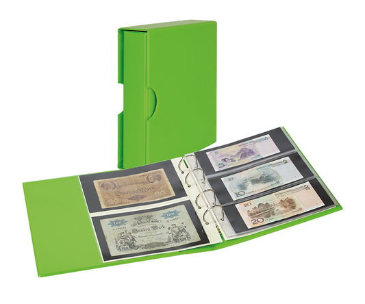 Album PUBLICA M COLOR pour billets de banque avec 10 feuilles en 2 versions, utilisables recto-verso - Spring (vert) - avec boîtier de protection assorti