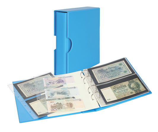 Album PUBLICA M COLOR pour billets de banque avec 10 feuilles en 2 versions, utilisables recto-verso - Nautic (bleu) - avec boîtier de protection assorti