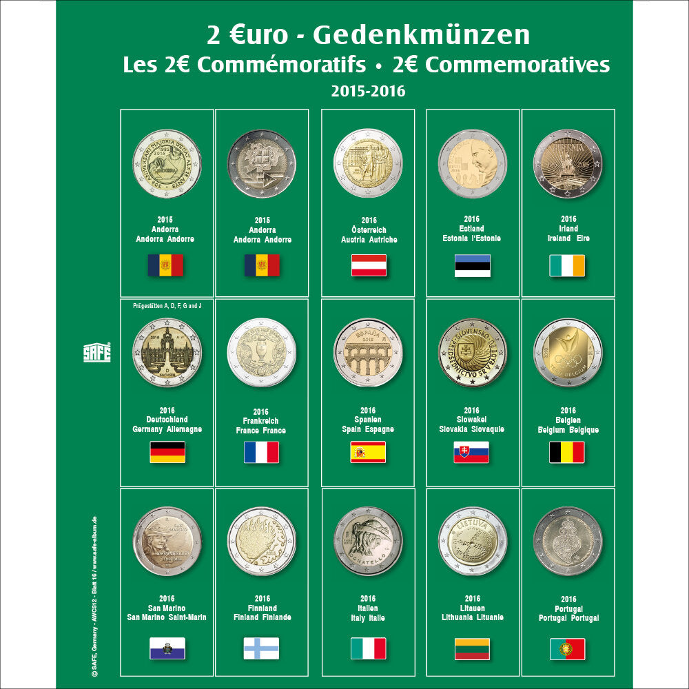 Feuille de pièces premium 2 euros des années 2015-2016 Feuille 16
