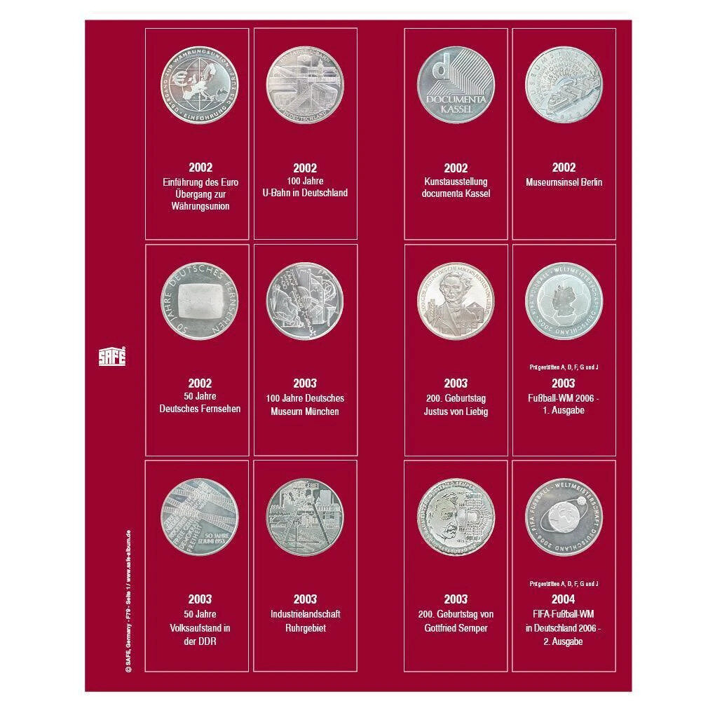 Feuilles de pièces Premium pour pièces commémoratives allemandes de 10 euros 2002 - 2004